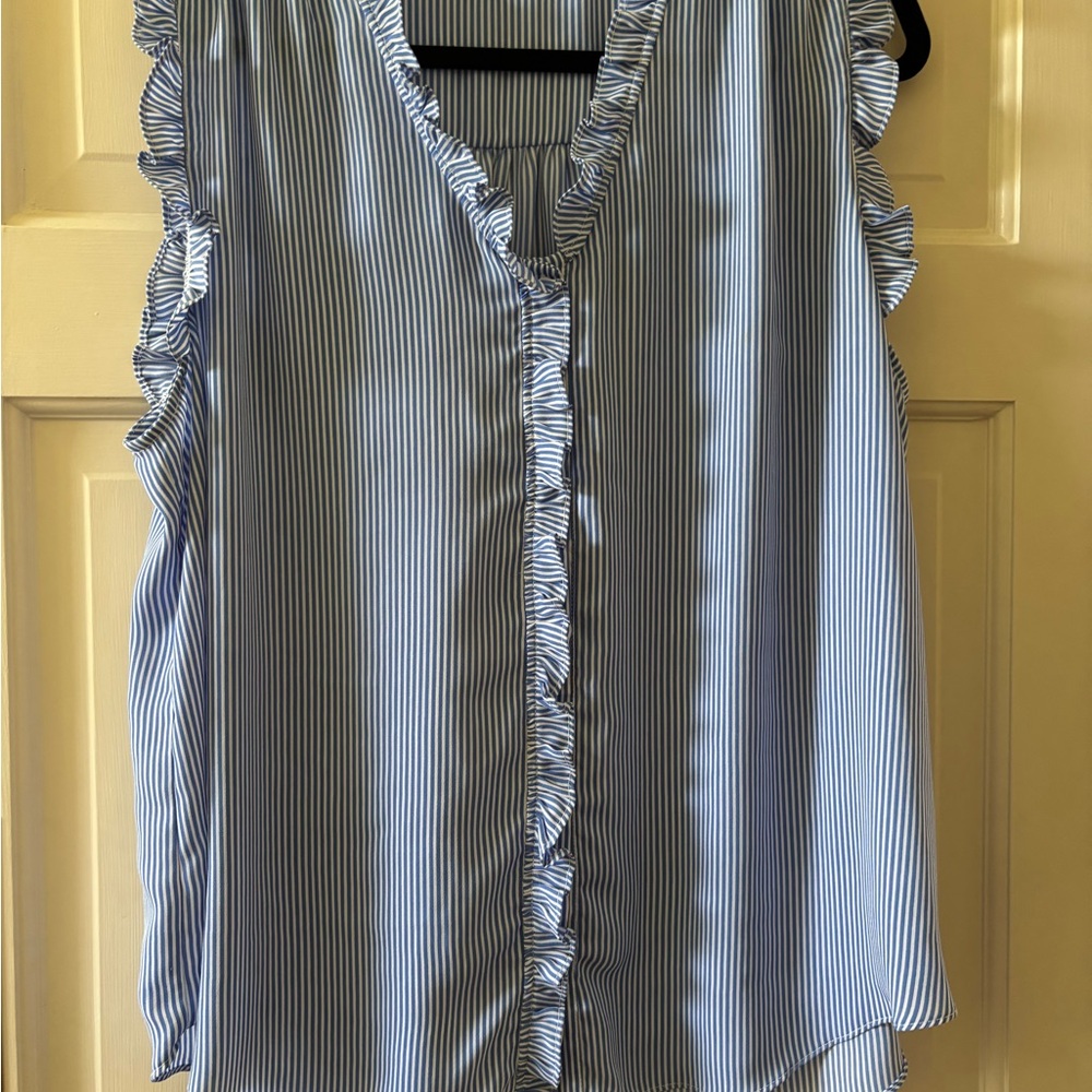 Tahari Blue and White Pinstripe Ruffle V-Neck Sleeveless Blouse